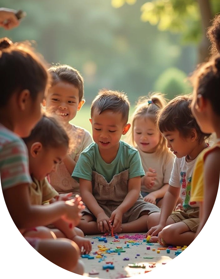 Children Plating The Puzzle Game In A Group
