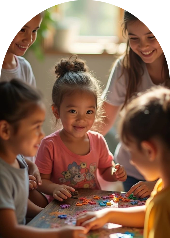 Small Girsl Playing In The Group And Solving A Puzzle With The Help Of The Volunteers
